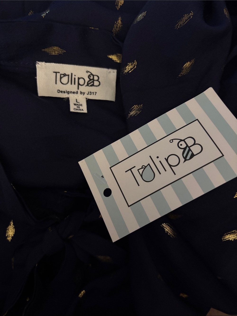 Tulip B Women's Navy Tie-Neck Blouse with Gold Accent Very Soft - Picture 2 of 6